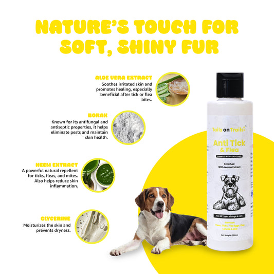 Tails on Trails Anti-Tick & Flea Dog Shampoo With Conditioner 200ml | Enriched with Lemon Extract, Anti-Fungal, Anti-Itching Formula, pH Balanced, Healthy Skin | Suitiable for All Types of Dogs & Cats