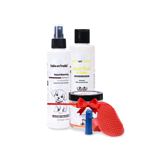 Tails on Trails 5-in-1 Pet Complete Grooming Kit | Antitick Shampoo 200ml + Good Morning Perfume 200ml + Paw Cream 100g + Toothbrush Set + 1 Palm Glove Combo Pack with Natural Ingredients