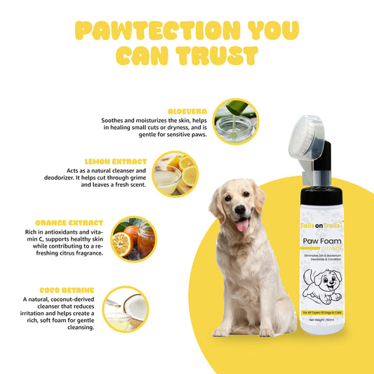 Tails on Trails Paw Cleaning Foam with Brush for Dogs, Cats, Puppies | Lick-Safe Foot Scrubber | Gentle Paraben-Free Paw Care Tool | Heals Cracks & Cleans Dirt |150ml