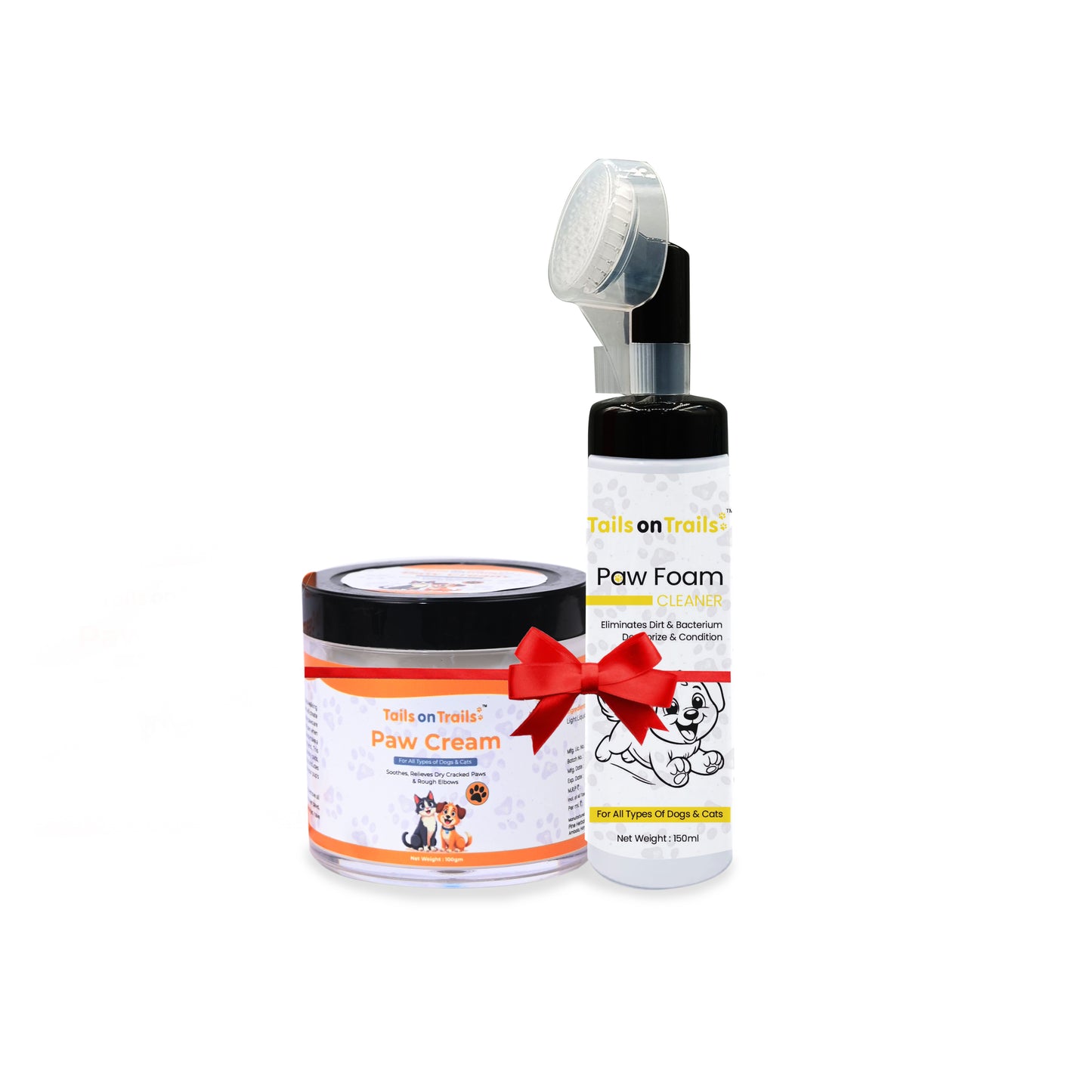 Tails on Trails Pet Paw Care Set for Dogs & Cats, Foam Cleaner with Brush 150ml and Natural Paw Cream 100g | Moisturizes, Heals Cracks & Cleans Dirt