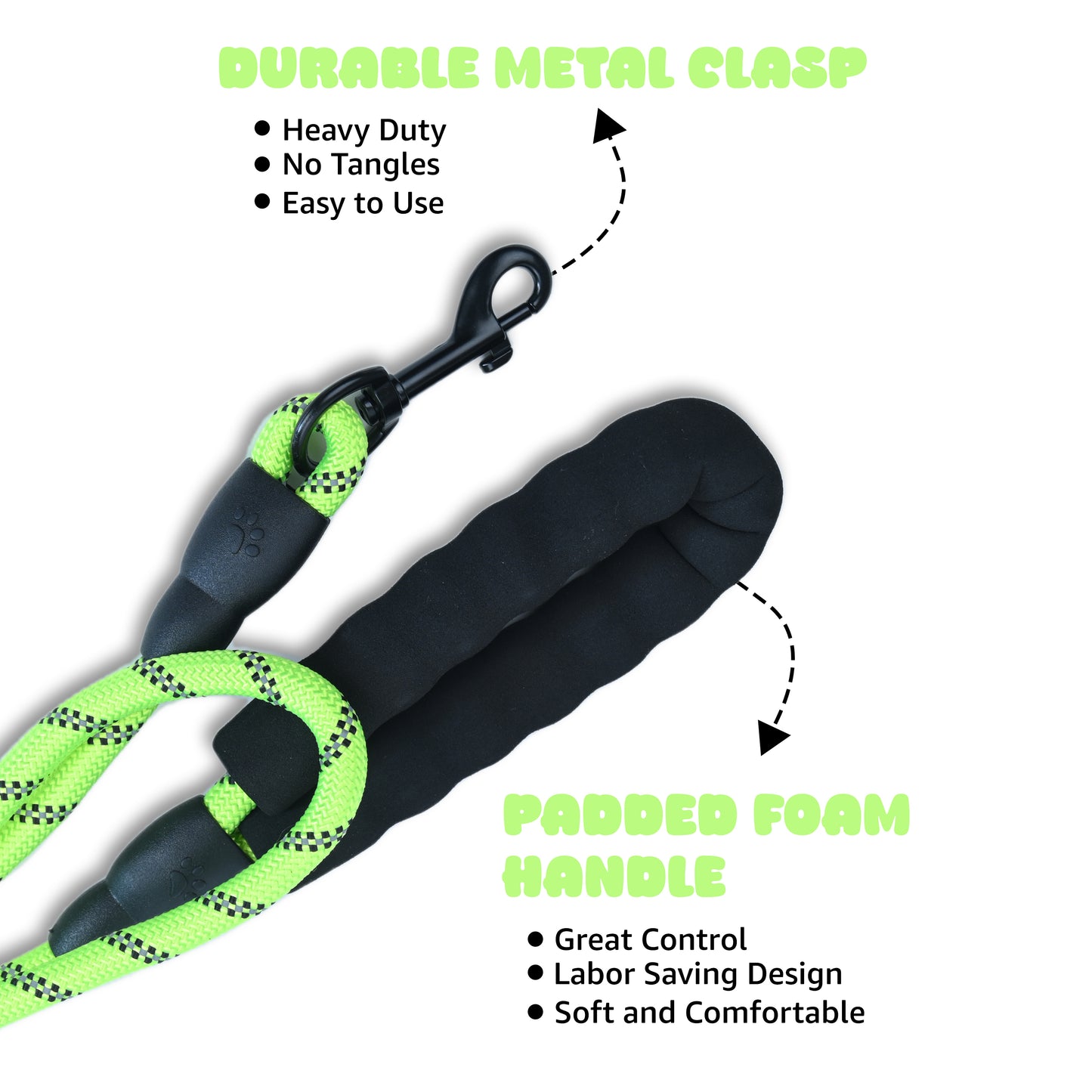 Tails on Trails Heavy Duty Dog Leash | Reflective Rope with Padded Handle, Anti-Slip Grip | Width  6,8&10 mm.