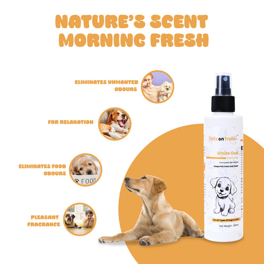 Tails on Trails White Oud Perfume Spray - 200 ml | Long Lasting Natural Deodorizer for Dogs | Grooming Essential | Perfume for All Types of Dogs & Cats